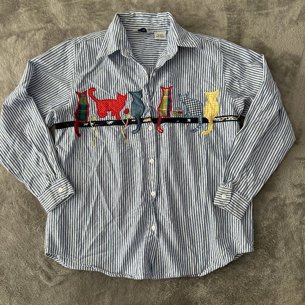Two Twenty Button Down Cat Applique Shirt Blouse Top Women's 10 M